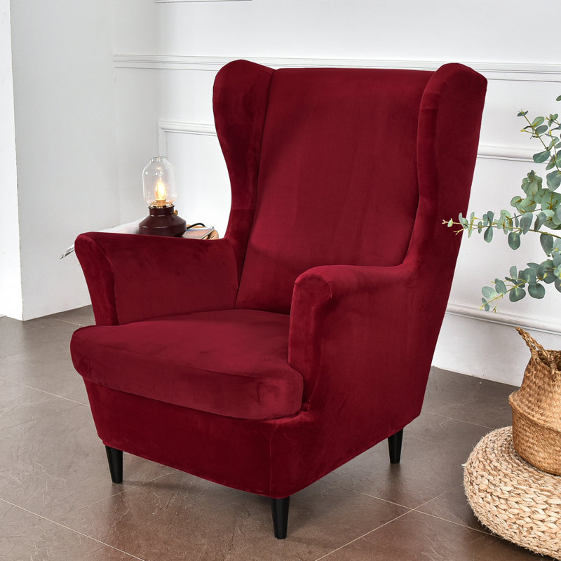 Housse pour fauteuil à oreilles extensible 2 pièces en velours doux, Vin rouge