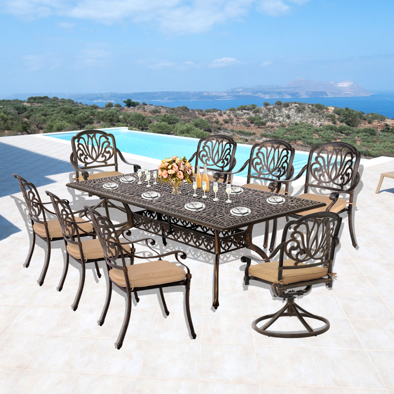 Alexaundrea 8 - Person Patio Dining Set with Rectangular Table , Cushions Included, Khaki