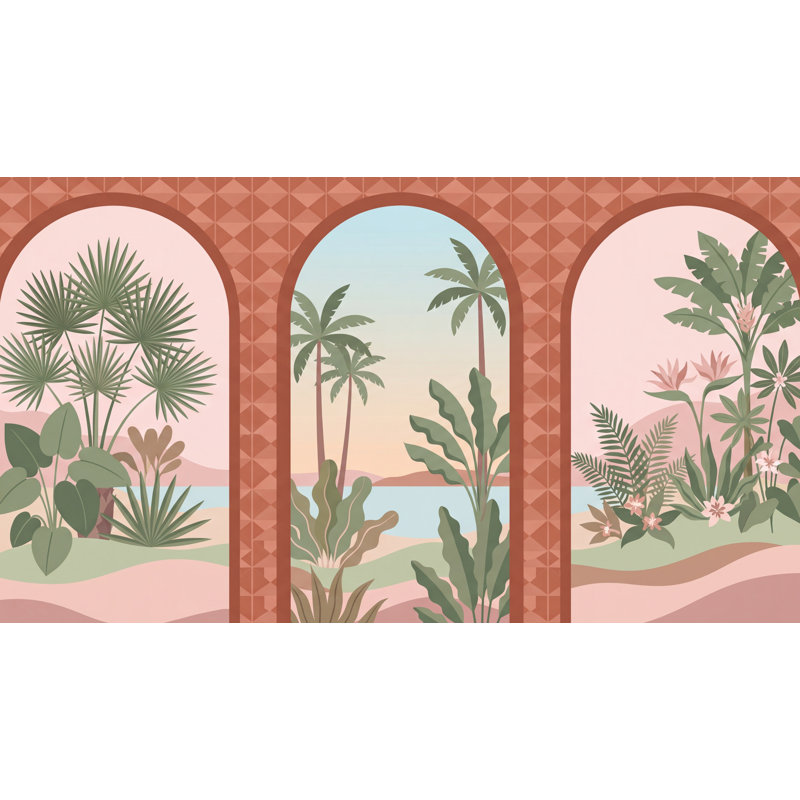 Murale arquée avec papier peint paysage côtier tropical, 100 po x 96 po, Peler et coller
