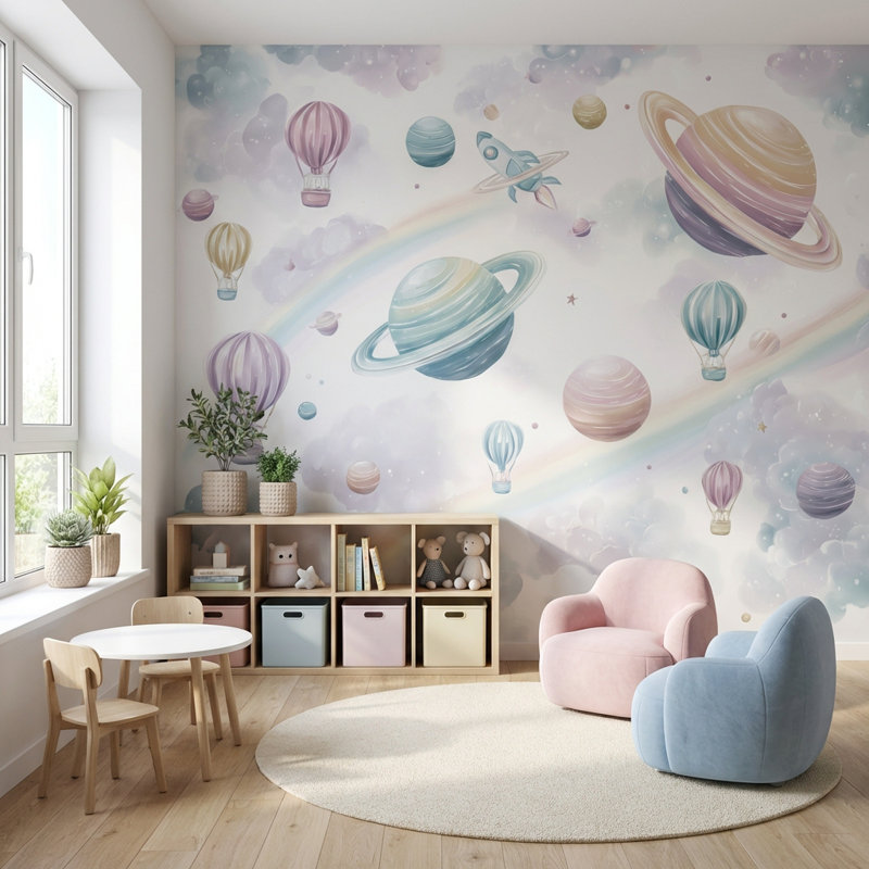 Space Wallpaper Planets Whimsical Wall Decor, Non-Woven Nonpasted, 160"x108"