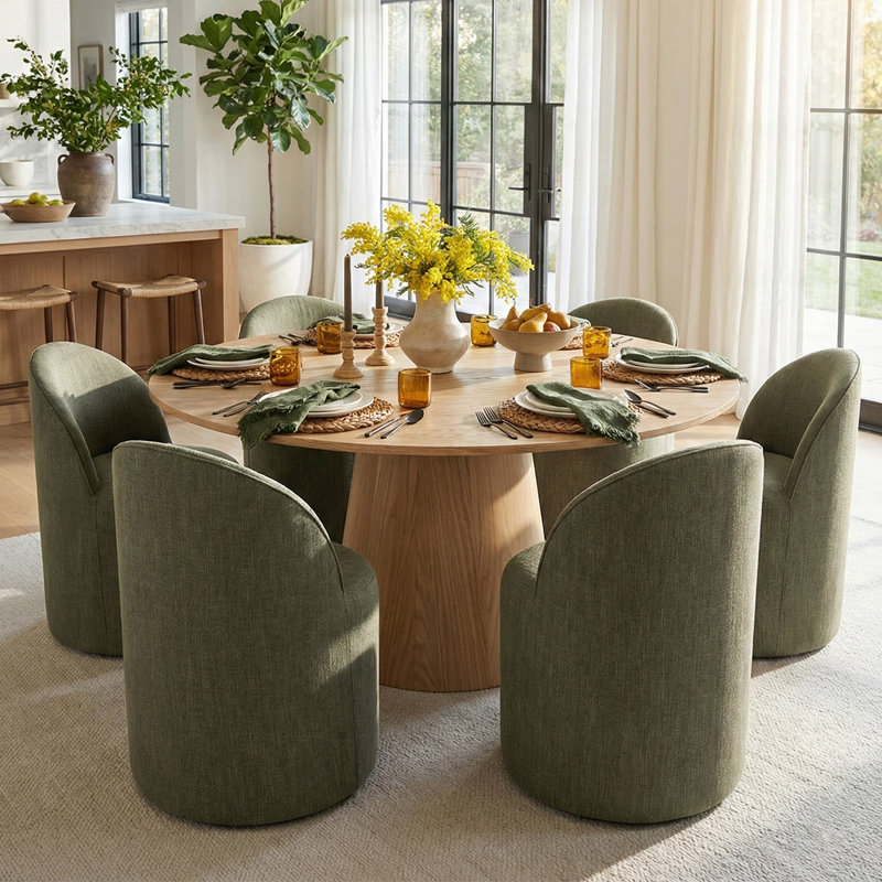 6 - Person Dining Table Sets With Round Table & 6 Upholstered Fabric Chairs, Natural, Green