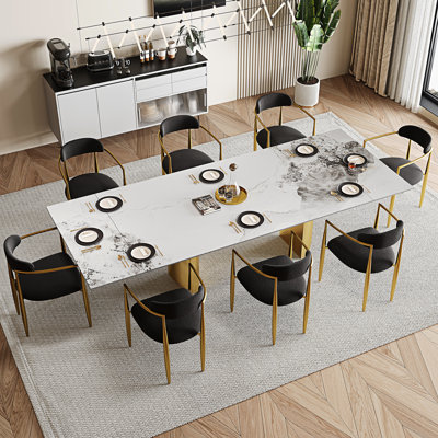 9 - Piece Dining Table Set With 94.5'' Extendable Sintered Stone Dining Table With 8 Fabric Chairs Dining