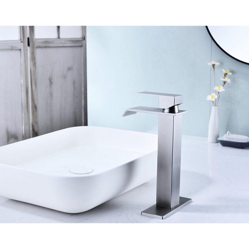 Waterfall Spout Single Handle Faucet For Bathroom Sink With Pop - Up Drain  No Overflow , High Grade Stainless Steel In Brushed Nickel, Smooth Flow, Precise Water Flow And Temperature Regulation,
