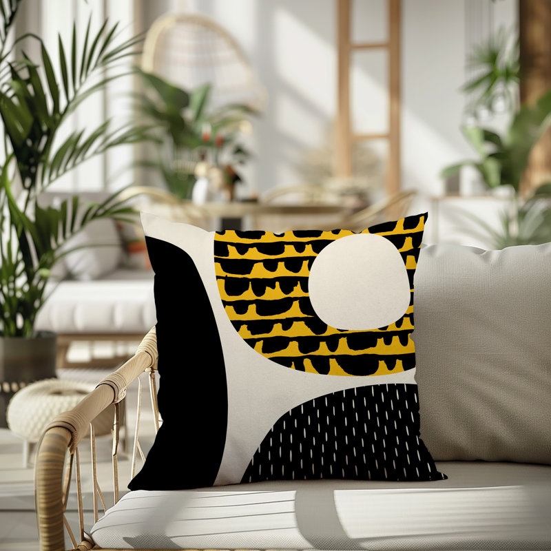 Coussin carré intérieur / extérieur pia, H 15 po x l 15 po, Jaune / noir / blanc cassé