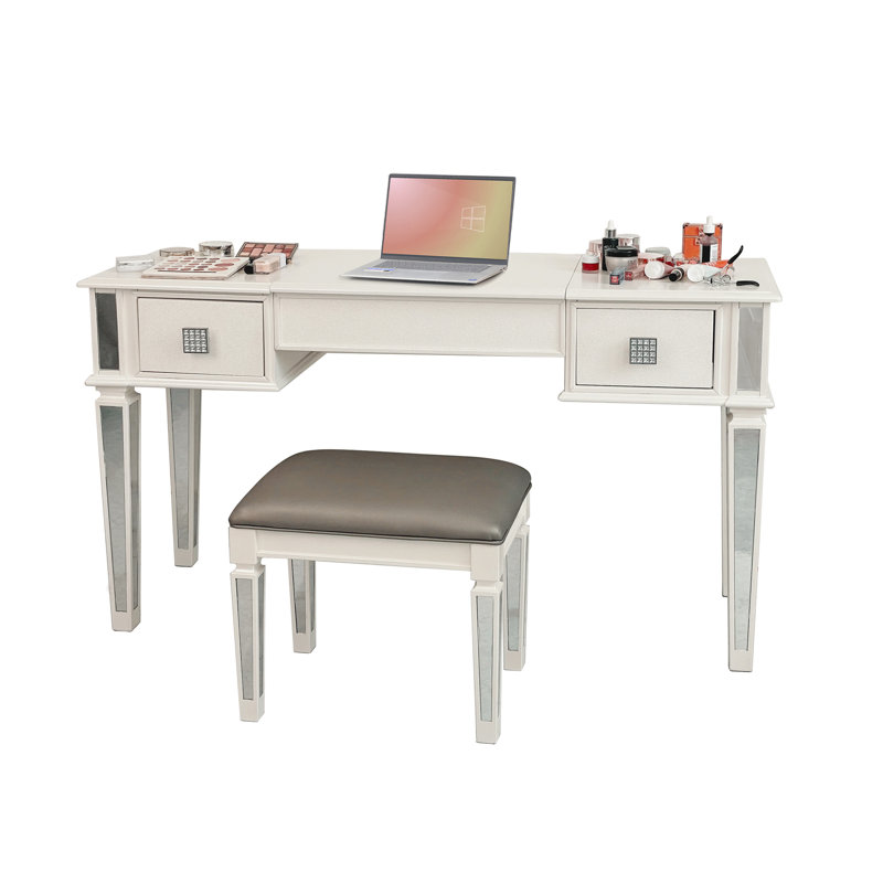 Coiffeuse de chambre à coucher avec miroir - Meuble-lavabo en miroir facile et surface pour rangement rabattable - Tabouret inclus