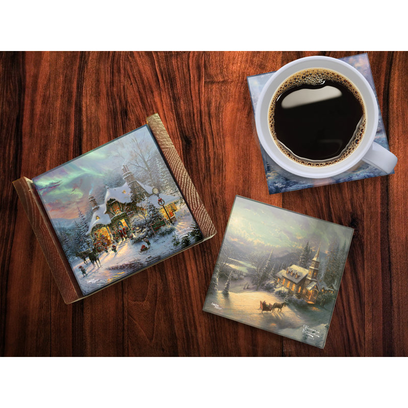(Symboles) Ensemble de sous-verres en verre Starfire, Thomas Kinkade / Collection Noël 2021