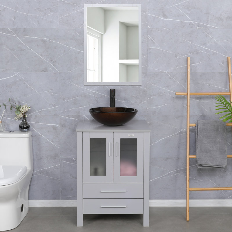 24'' Single Bathroom Vanity Set with Vessel Sink, Faucet, Drain, Gray
