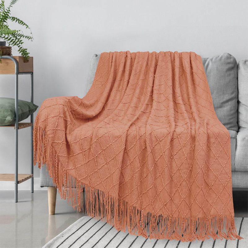 Coral Orange Knit Fleece Throw Blanket with Fringe Tassels