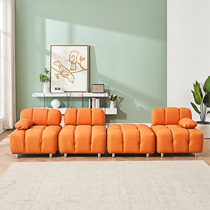 Upholstered Boneless Sofa, 33.48" H x 88.99" W x 33.48" D, Orange Polyester Blend