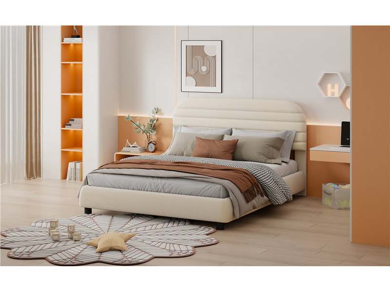 Lit plateforme tapissier en velours, structure solide et conception courbée élégante, Beige