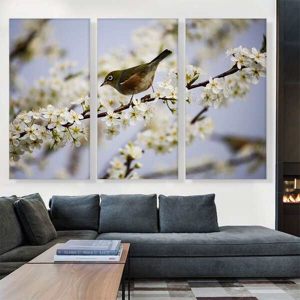 ARTCANVAS Bird And Blossom Flowers On Canvas 3 Pieces Print | Wayfair