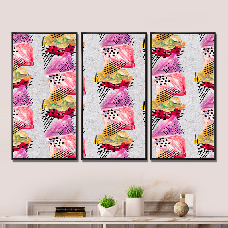 Coups de peinture roses et rouges - Ensemble de 3 peintures sur cadre flottant, Cadre noir, H 28 po x l 36 po x P 1 po
