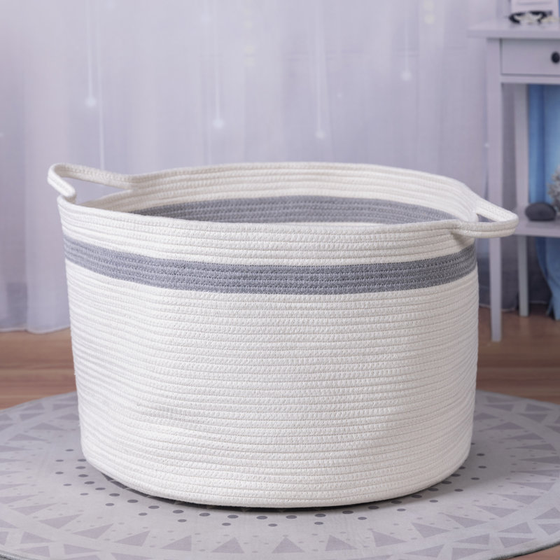 Fabric Laundry Hamper with Handles, White/Grey