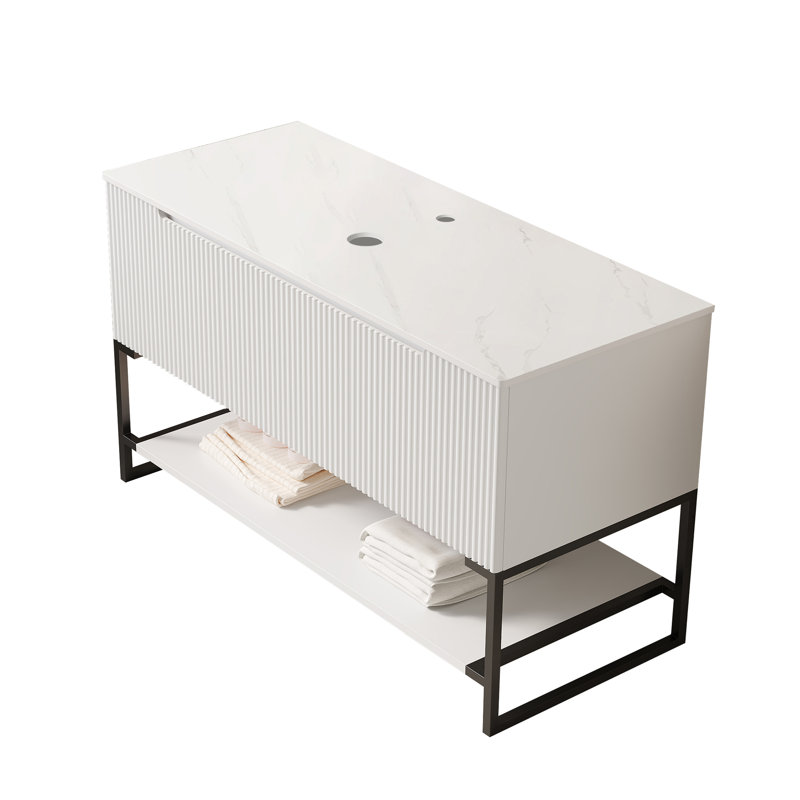 Comptoir et armoire autoportante en pierre frittée blanche de 48 po avec 3 portes et tablette ouverte, sans lavabo, sans couvercle et sans couvercle