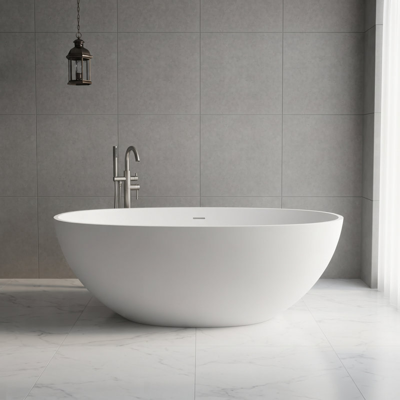 61 Inch Oval Freestanding Tub in Matte White Solid Surface