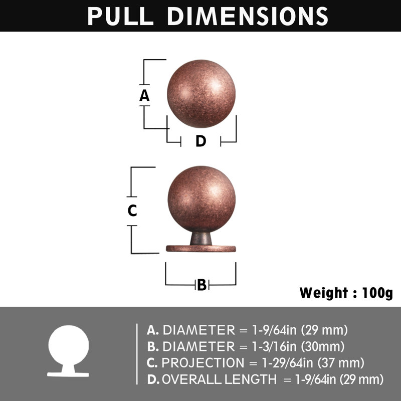 Poignée ronde, Diamètre du bouton: 1,18 po, Antique Copper