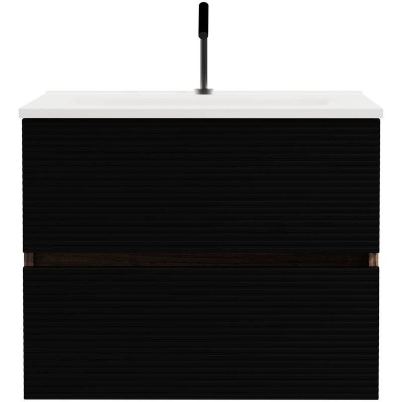 Meuble de salle de bain moderne de 24 po - Noir doux et noyer. Lavabo à débordement en céramique. Espace de rangement abondant, lavabo à fermeture silencieuse avec trop-plein. Fonctionnalité intérieure généreuse