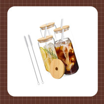 Glass Straw Cup with Bamboo Lid, Cola Shape Cup, 470ml