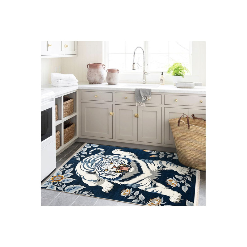 Tapis décoratif moderne à motif tigré blanc et à motif de fleurs de la collection Tokyo