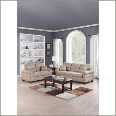 Contemporary Sand Linen-Like Polyfiber Sofa &amp; Loveseat Set – 82”/62” with Plush Pillows for Living Room | Beige | Fabric | Cushion Back