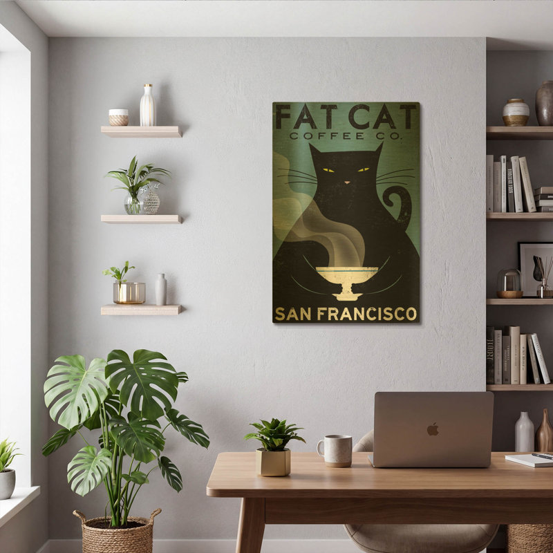 «Cat Coffee» par Ryan Fowler, art mural en métal doré, 24 po x 36 po, 24 po x 36 po