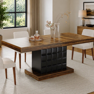 63″ Dining Table, Rectangular Kitchen Table with Geometric Relief Base for 4 to 6, Brown Top and Black Cubed Frame