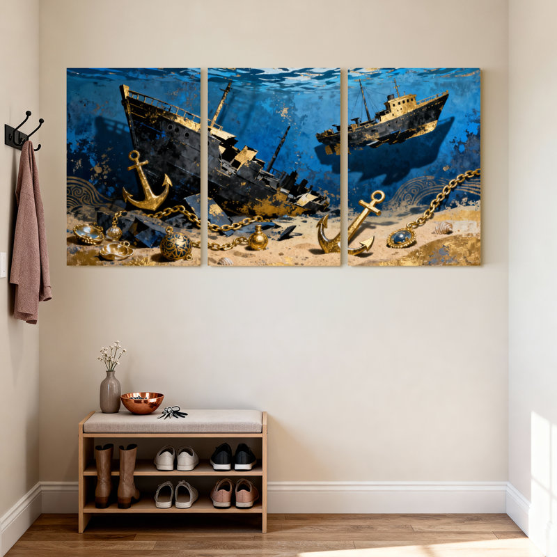 «Sunken Ship Anchor Gold Chain Treasures Underwater Ocean Profondeurs», ensemble de 3 impressions sur toile