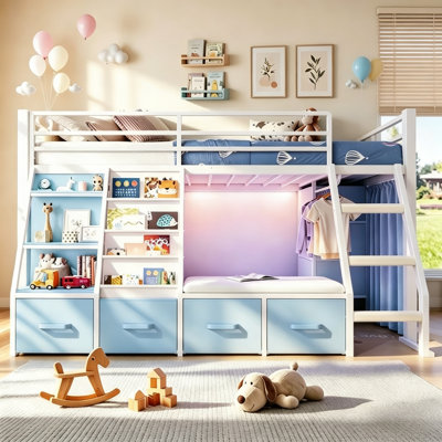 Low Loft Bed Full with Built-in Cushioned Seat & LED Reading Corner & 7 Storage Drawers & Bookshelves Metal Under-bed Play House Captain Bed with Curtain