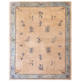 1930s Beige Floral Antique Chinese Peking Rug 9'0" x 11'3" Knotted Wool Carpet