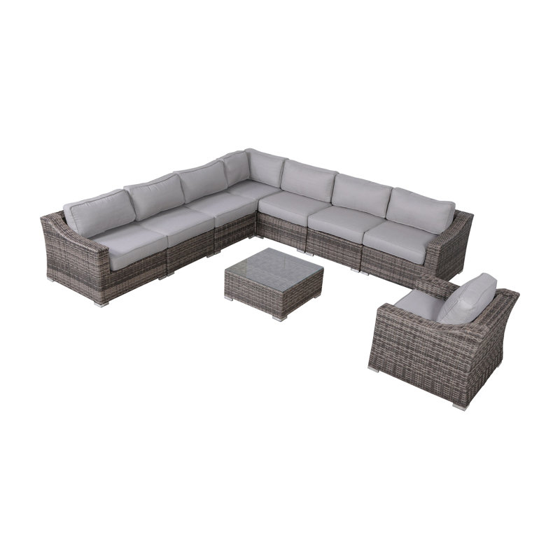 Ensemble de conversation pour 7 personnes avec coussins Biles Wicker, Mélange de gris