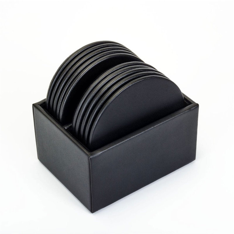 Leather Round 10 Piece Coaster Set, Black