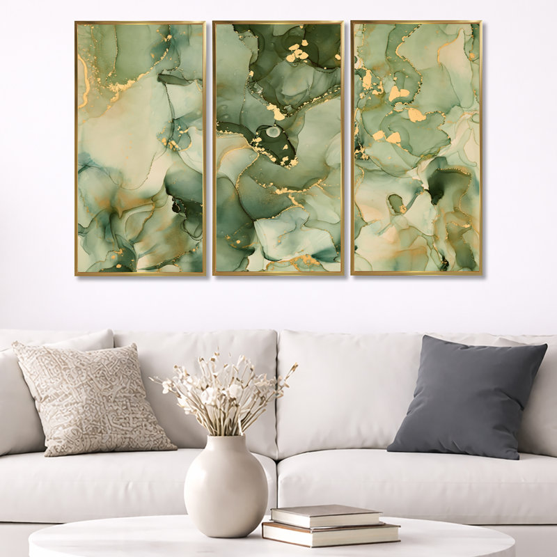 «Green Luxury Abstract Fluid Art I», ensemble d'art mural sur toile encadré moderne, Doré, H 32 po x l 48 po