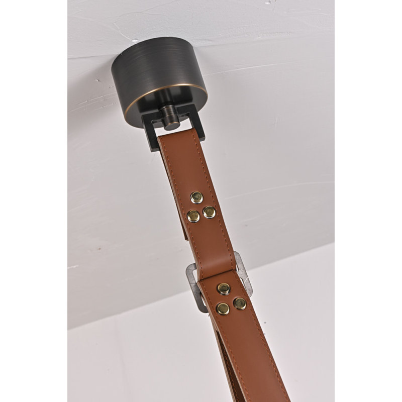 Lustre suspendu clair en cuir et acier albâtre clair, Naturel, 122" Length x 31" Wide x 14" to 72" Height, Laiton satiné