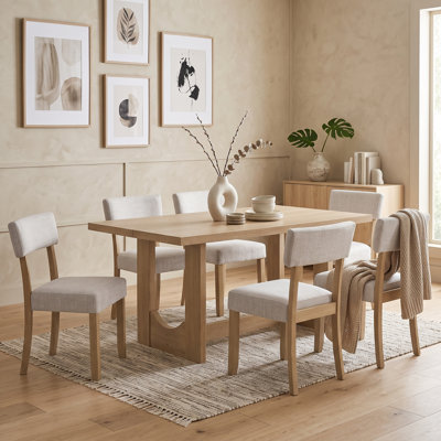 Ensemble de table de salle à manger 7 pièces pour 6 personnes avec table rectangulaire et six chaises ergonomiques rembourrées en lin