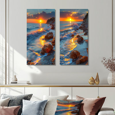 Photo panoramique de la plage rocheuse au lever du soleil III - Bord de mer, reproduction murale 2 pièces