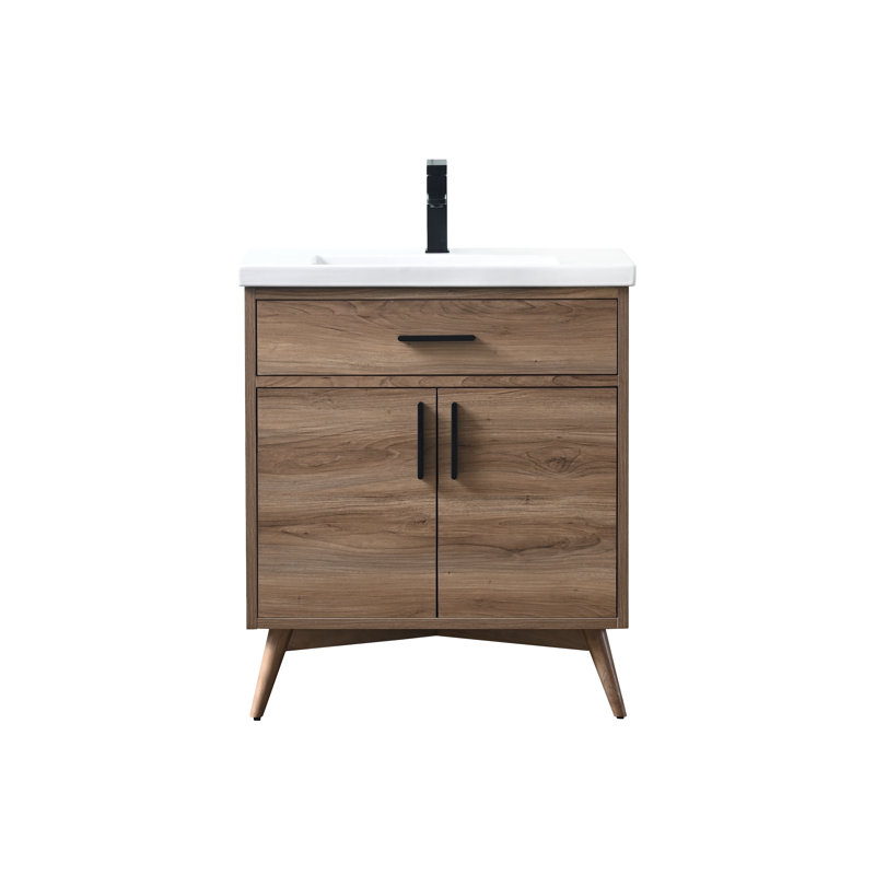 Binford 30'' Single Bathroom Vanity with Ceramic Top, Light Walnut/Matt Black