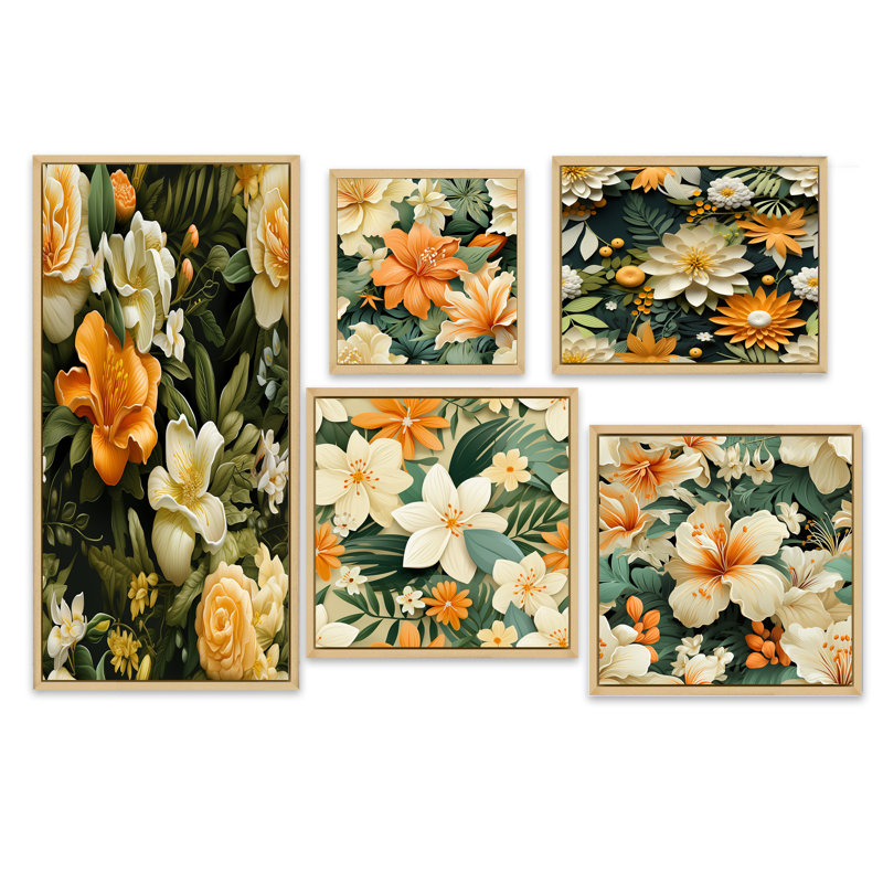 Socorro - Ensemble de 5 reproductions d'art sur toile tropicale, Cadre flottant brun