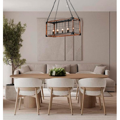 5-Light black iron chandelier with wood accents