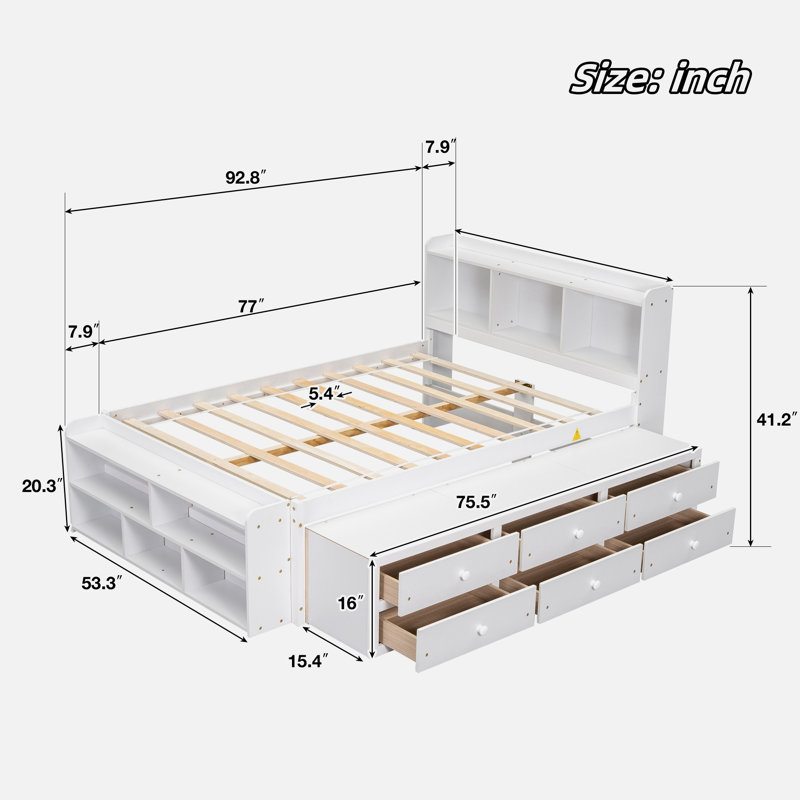 Full Bed With Bookcase Headboard, Under Bed Storage Drawers And Bed-end Storage Case, White