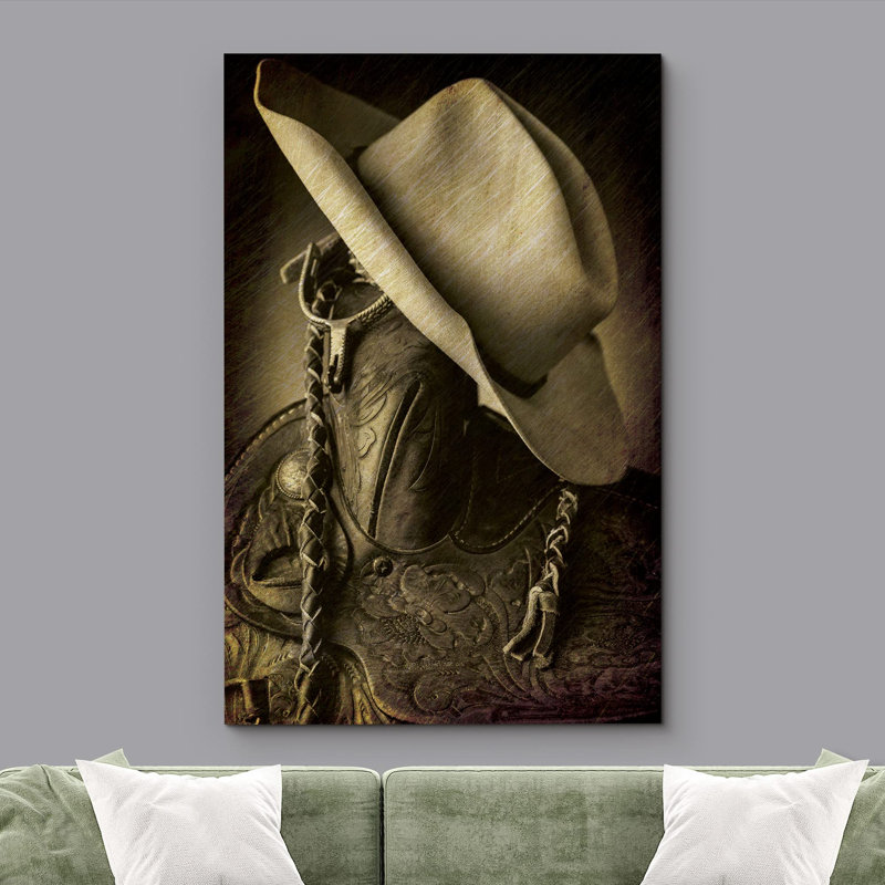 Chapeau de cowboy sur la corne de selle suspendue, éperons et cuir, art rétro, Toile tendue, H 48 po x l 32 po