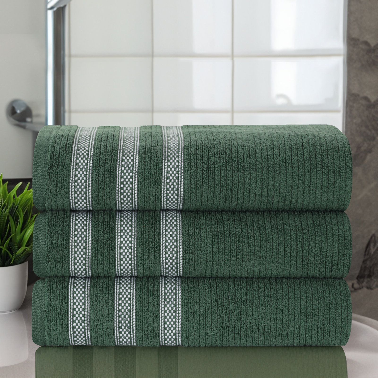 3-Piece Geometric Zero-Twist Cotton Towel Set, Forest Green