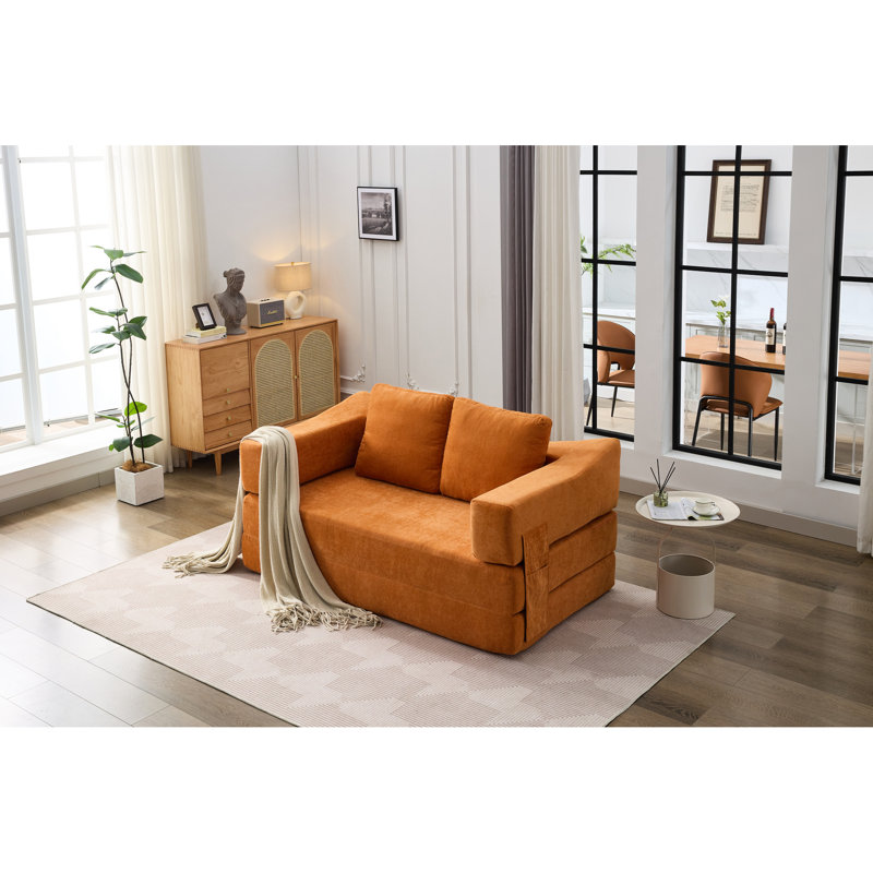 Lit d'appoint en chenille orange - base pliable, revêtement, lit escamotable amovible de style rétro, coussin moelleux pour le confort