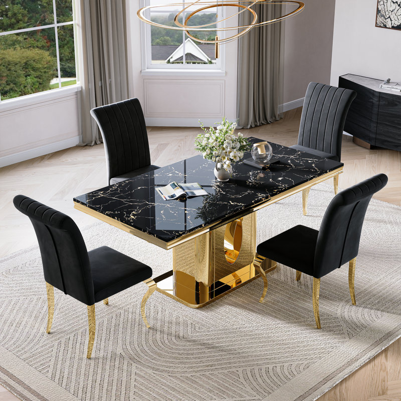 70.08”Faux Marble Top Pedestal Dining Table Set, Black/Gold, Black, Gold