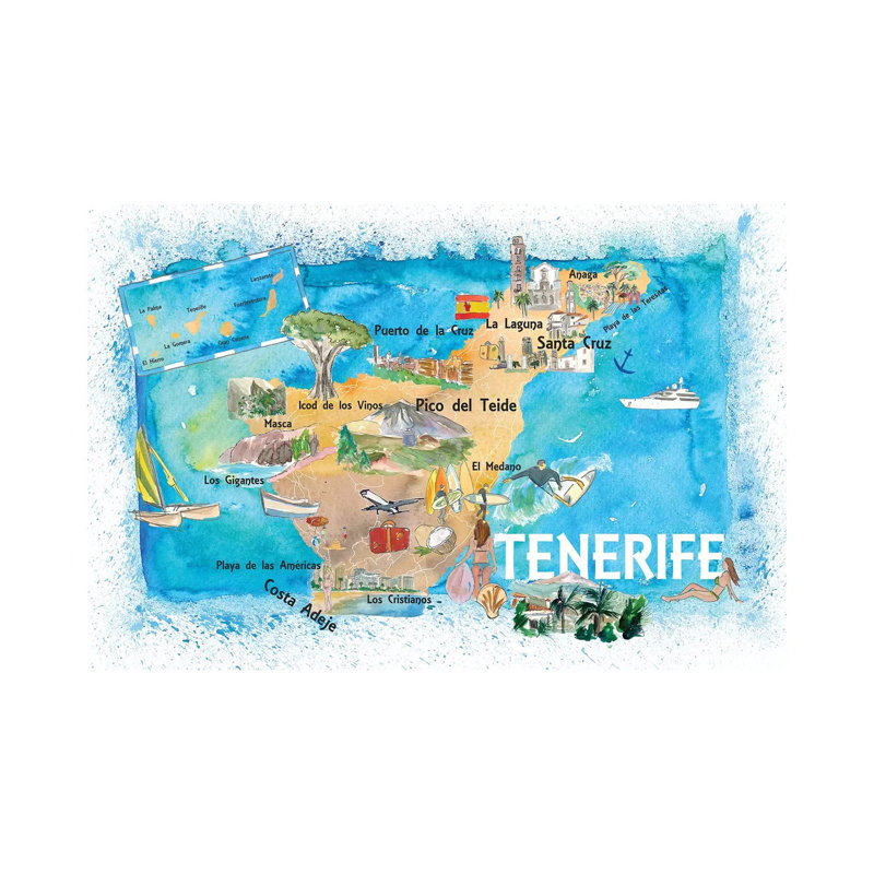Tenerife Canarias Spain Illustrated Map with Landmarks and Highlights 1 Piece Wrapped Canvas Wall Art
