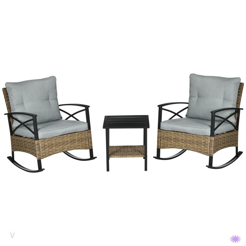 Ensemble bistro d'extérieur en osier avec 2 chaises berçantes et table basse à 2 niveaux