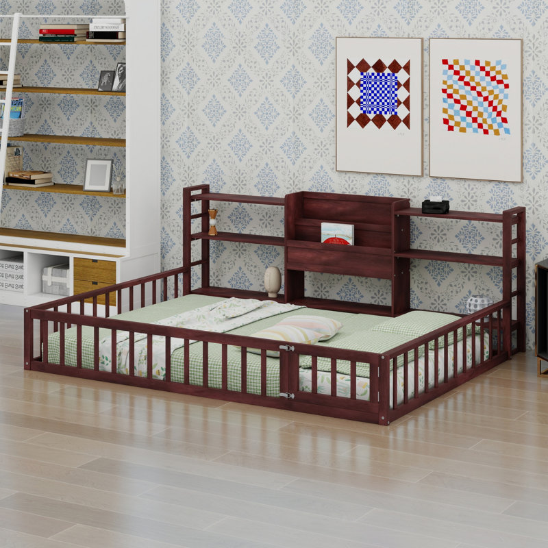Base de lit à plancher bas avec clôture et tablettes de rangement à 3 niveaux, accès facile pour les tout-petits, Grand lit