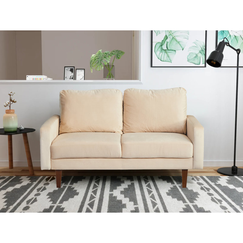 Causeuse à accoudoirs carrés, Velours beige, H 35 po x l 60 po x P 33 po