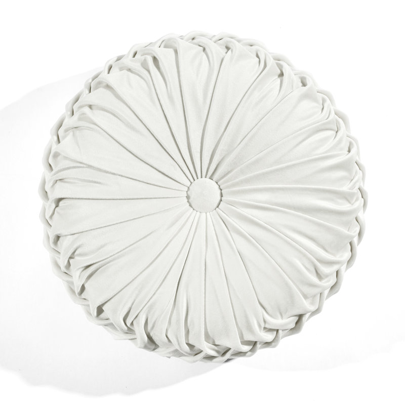 White Round Pleated Velvet Decorative Throw Pillow, 15 Inch