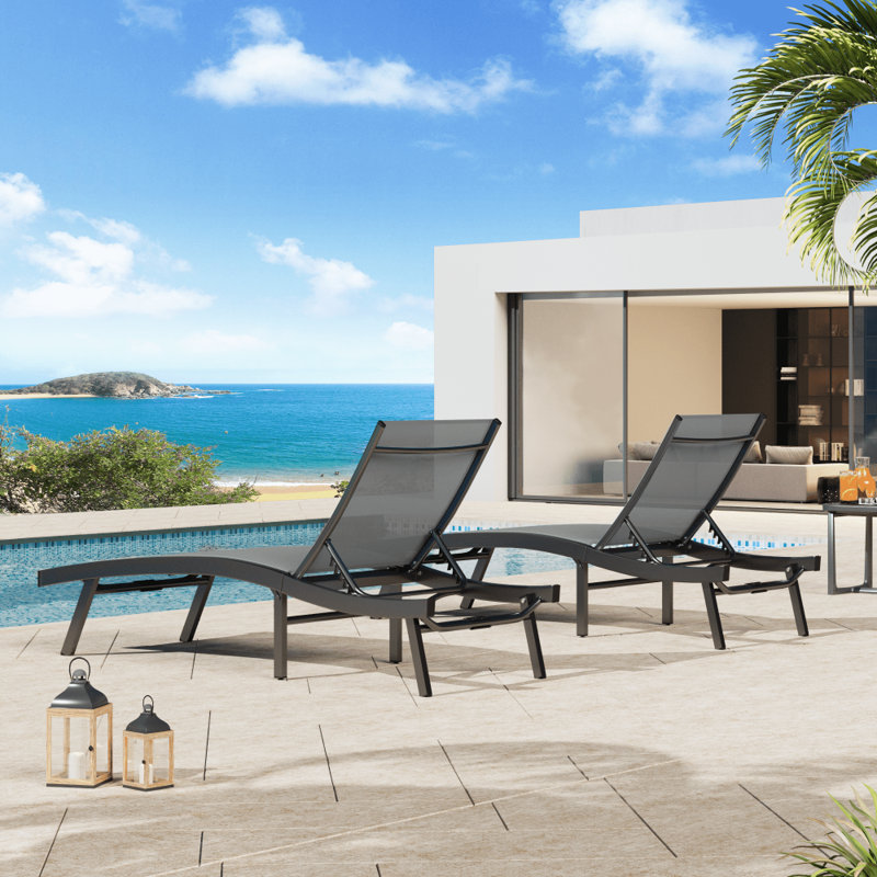 2 PCS All Weather Pool Lounge Chairs Ergonomic Design With Adjustable Backrest, Gray