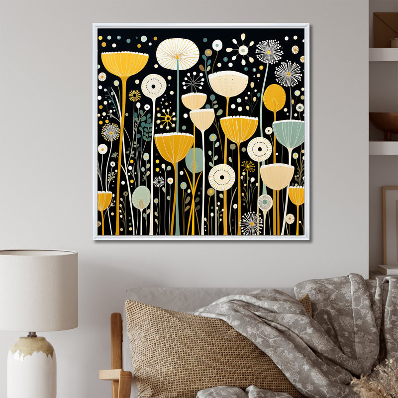 Fleurs jaunes au clair de lune - Art mural souci, Cadre flottant blanc, 16" H x 16" W